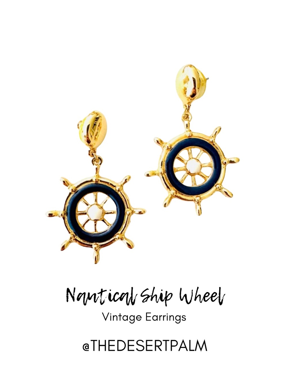 Vintage Nautical Ship Wheel Drop Earrings Gold Tone Blue Maritime Style
